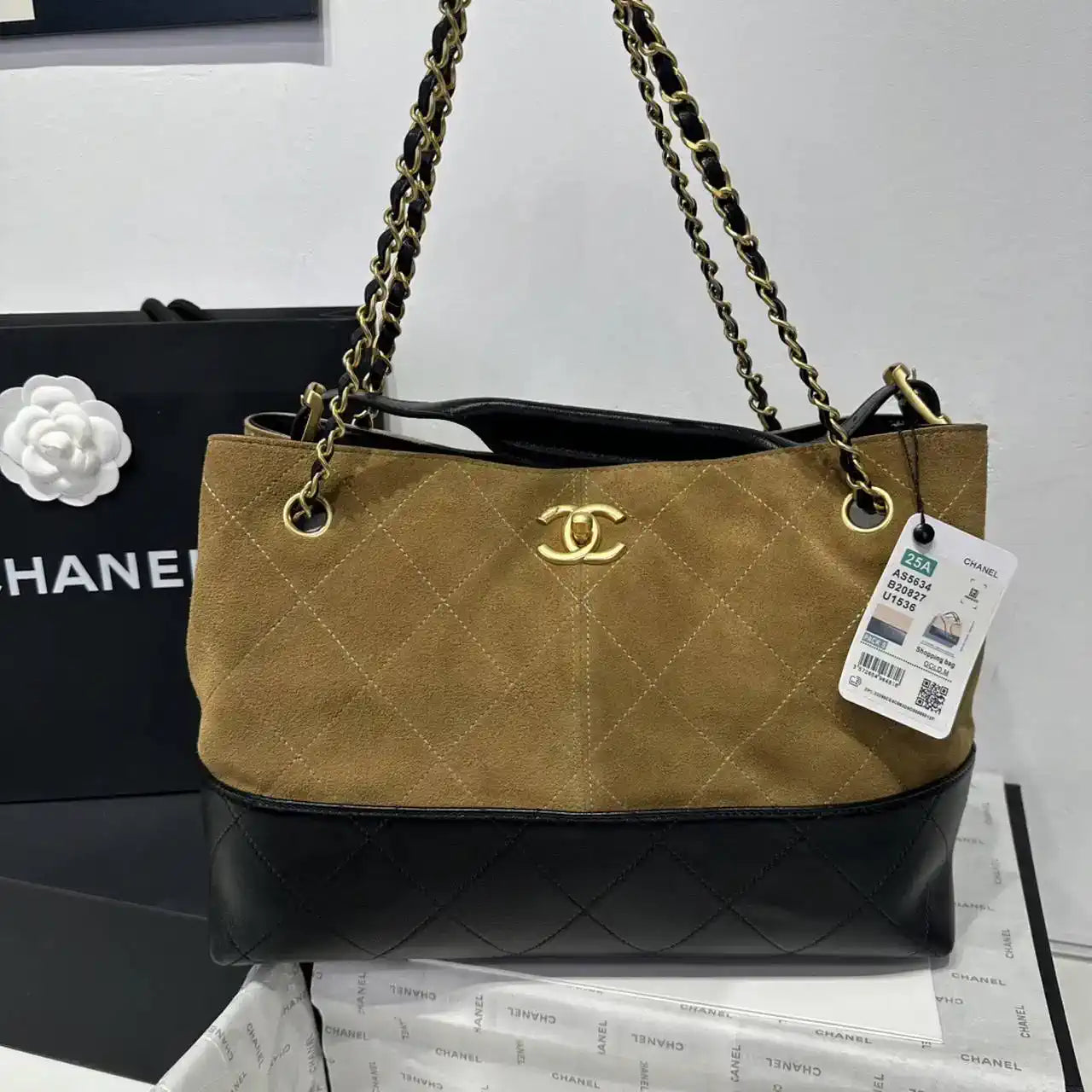Chanel AS5634 Small Shopping Bag Suede Calfskin Shiny Lambskin Beige & Black