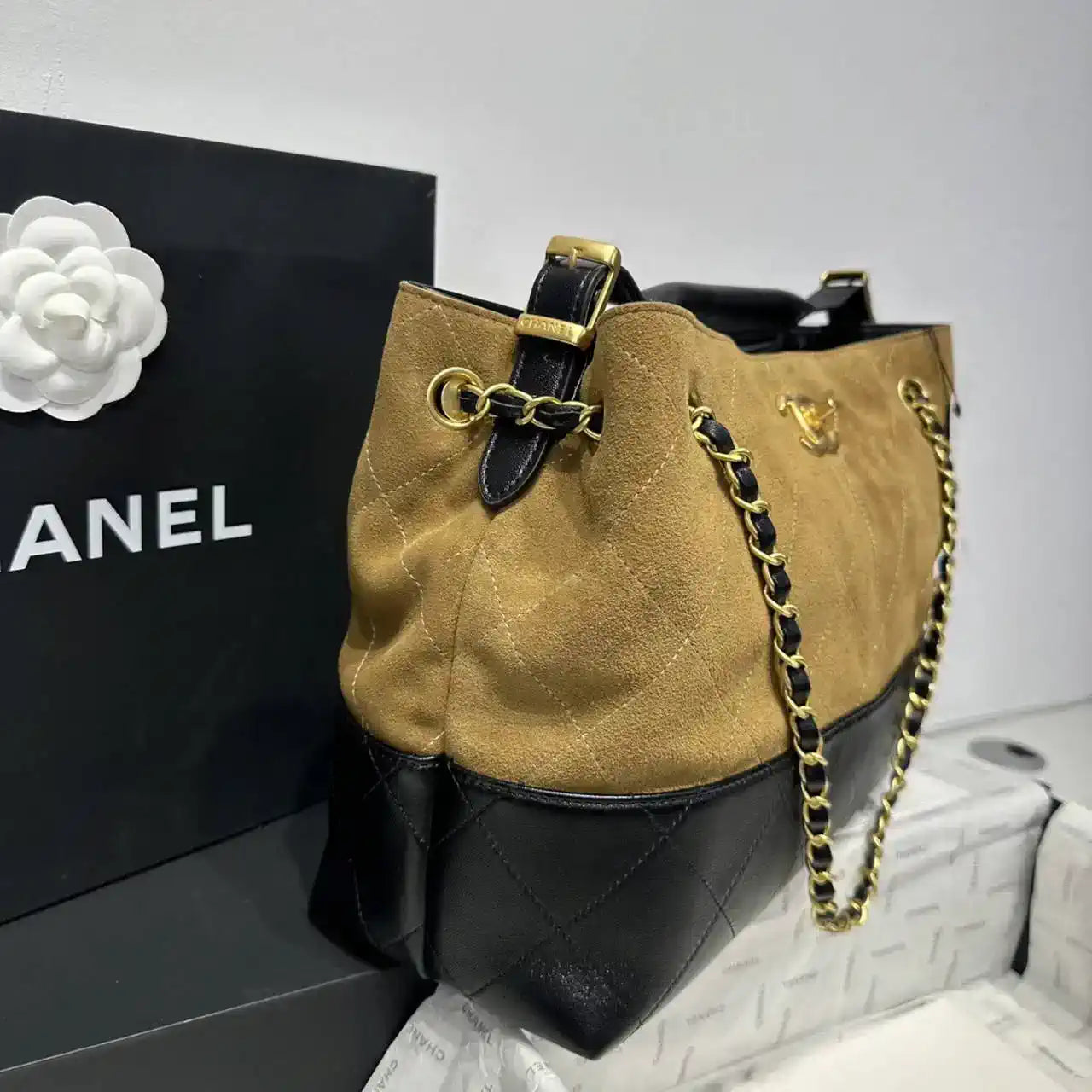 Chanel AS5634 Small Shopping Bag Suede Calfskin Shiny Lambskin Beige & Black