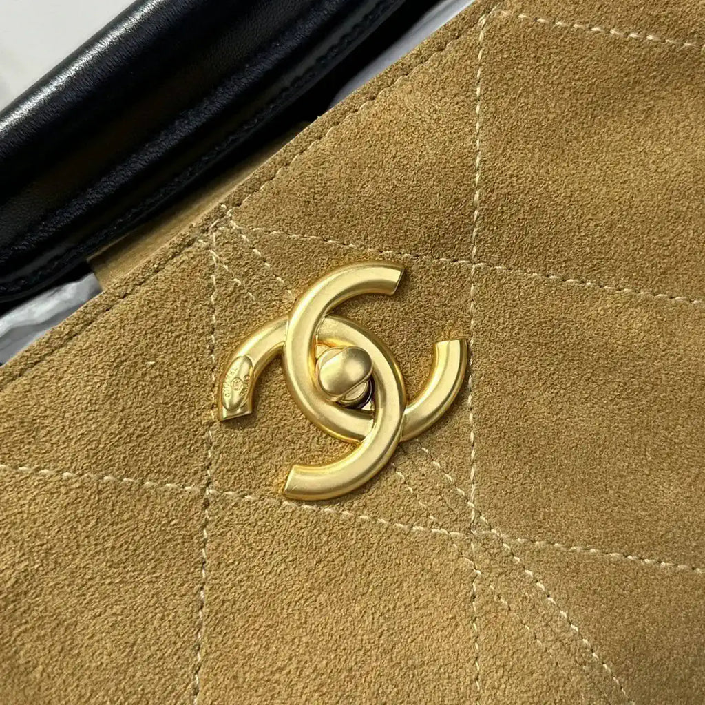 Chanel AS5634 Small Shopping Bag Suede Calfskin Shiny Lambskin Beige & Black