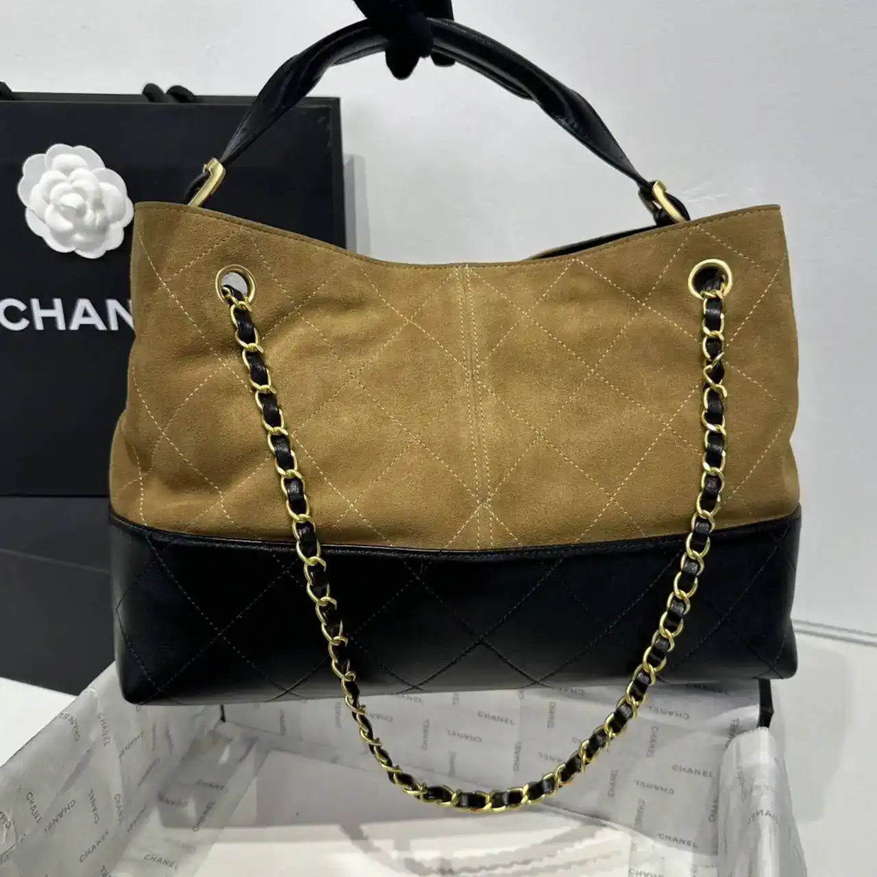 Chanel AS5634 Small Shopping Bag Suede Calfskin Shiny Lambskin Beige & Black