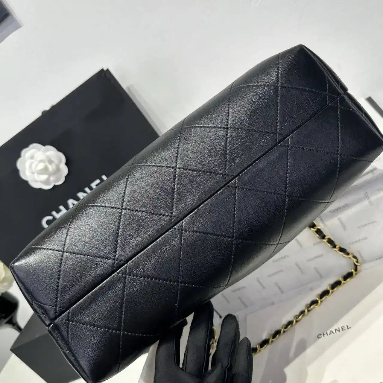 Chanel AS5634 Small Shopping Bag Suede Calfskin Shiny Lambskin Beige & Black