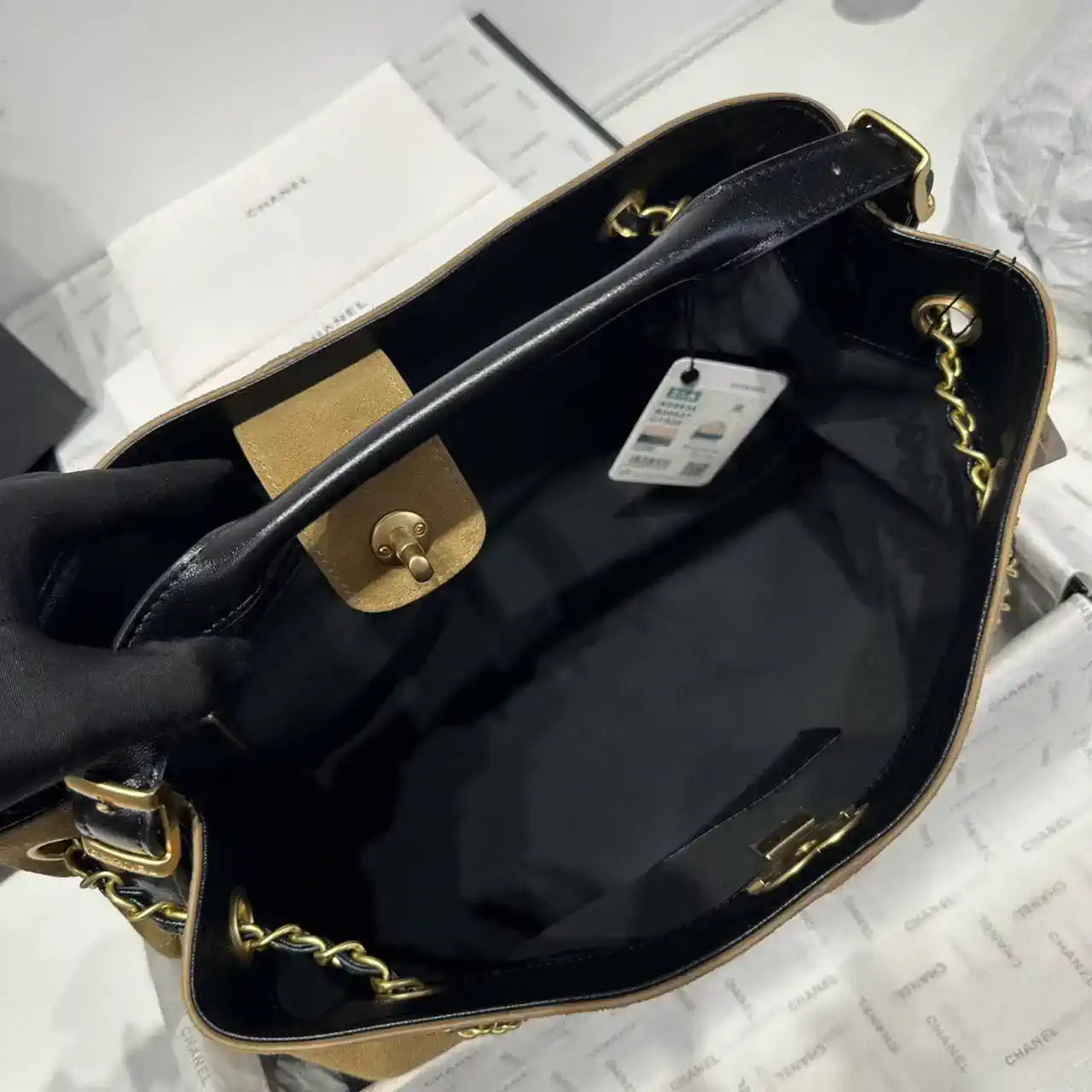 Chanel AS5634 Small Shopping Bag Suede Calfskin Shiny Lambskin Beige & Black