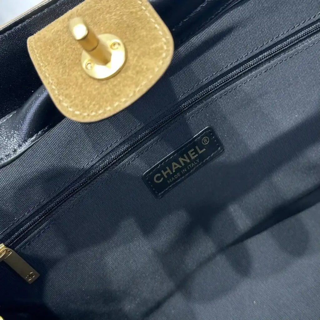 Chanel AS5634 Small Shopping Bag Suede Calfskin Shiny Lambskin Beige & Black