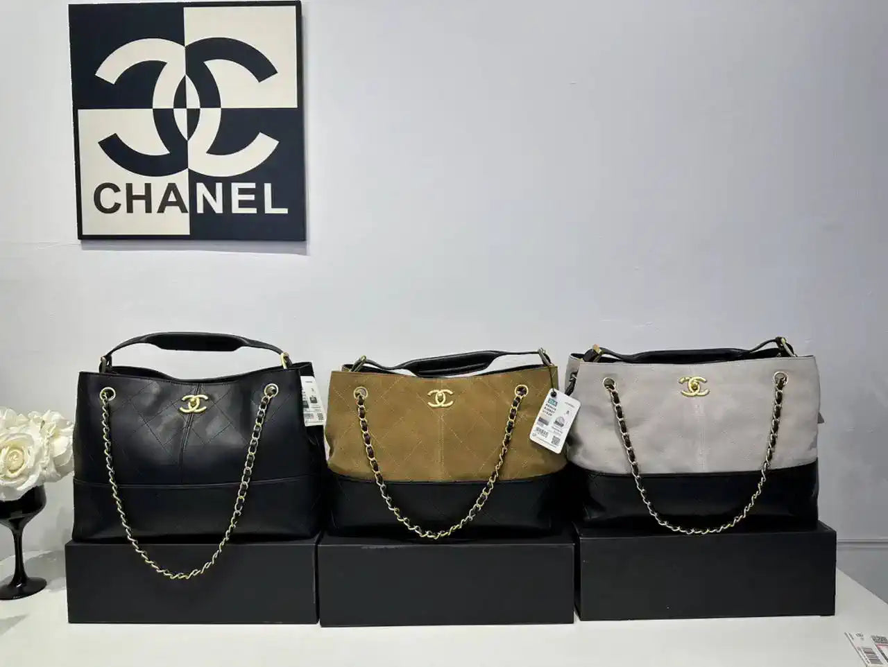 Chanel AS5634 Small Shopping Bag Suede Calfskin Shiny Lambskin Beige & Black