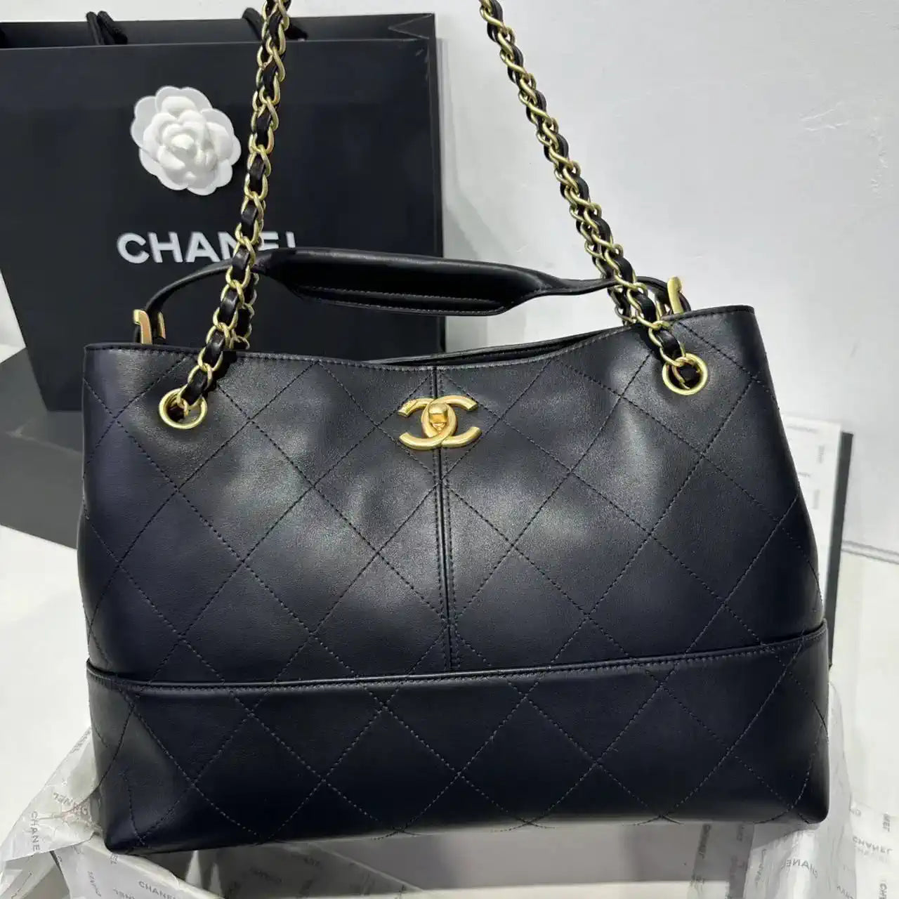 Chanel AS5634 Small Shopping Bag Suede Calfskin Shiny Lambskin Black
