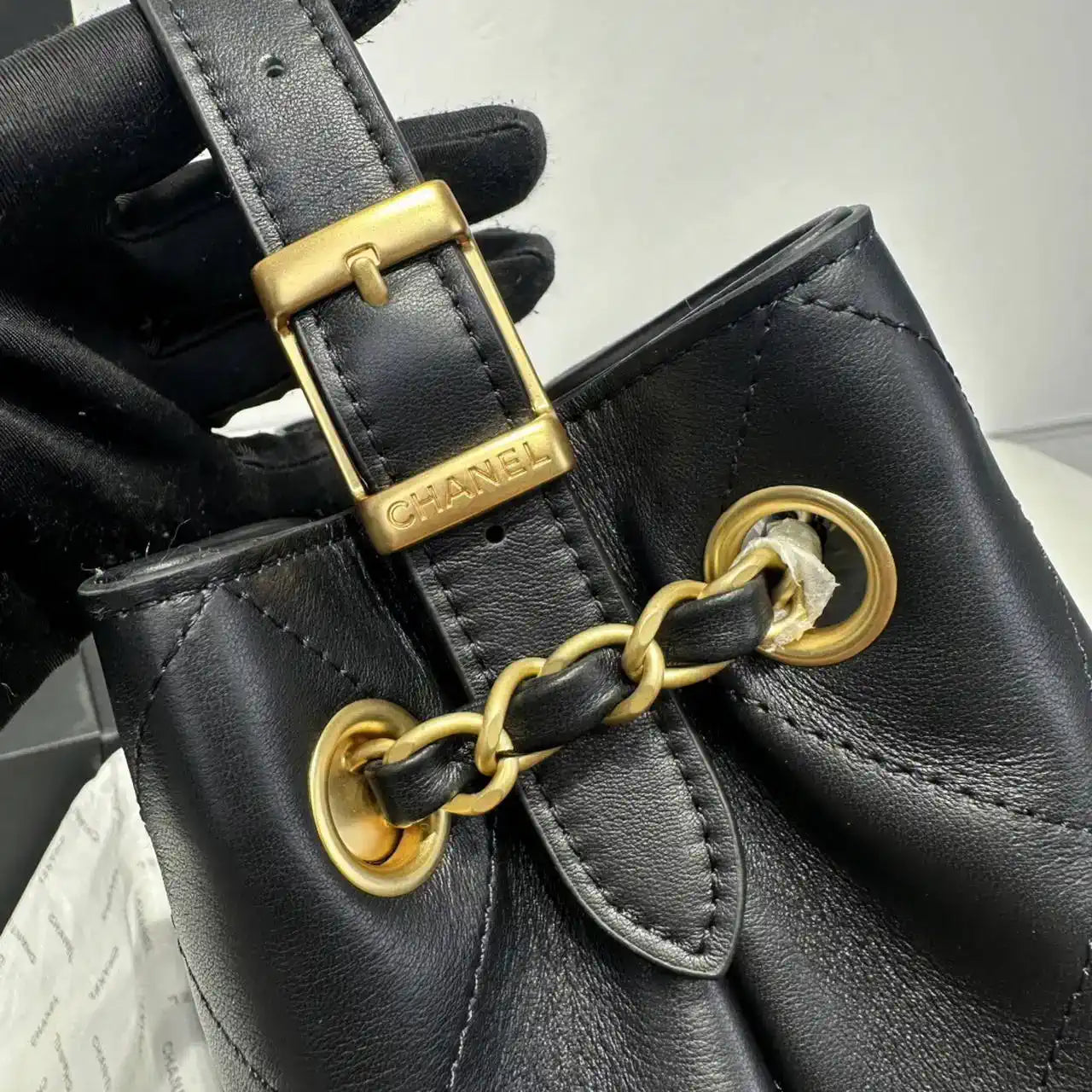 Chanel AS5634 Small Shopping Bag Suede Calfskin Shiny Lambskin Black