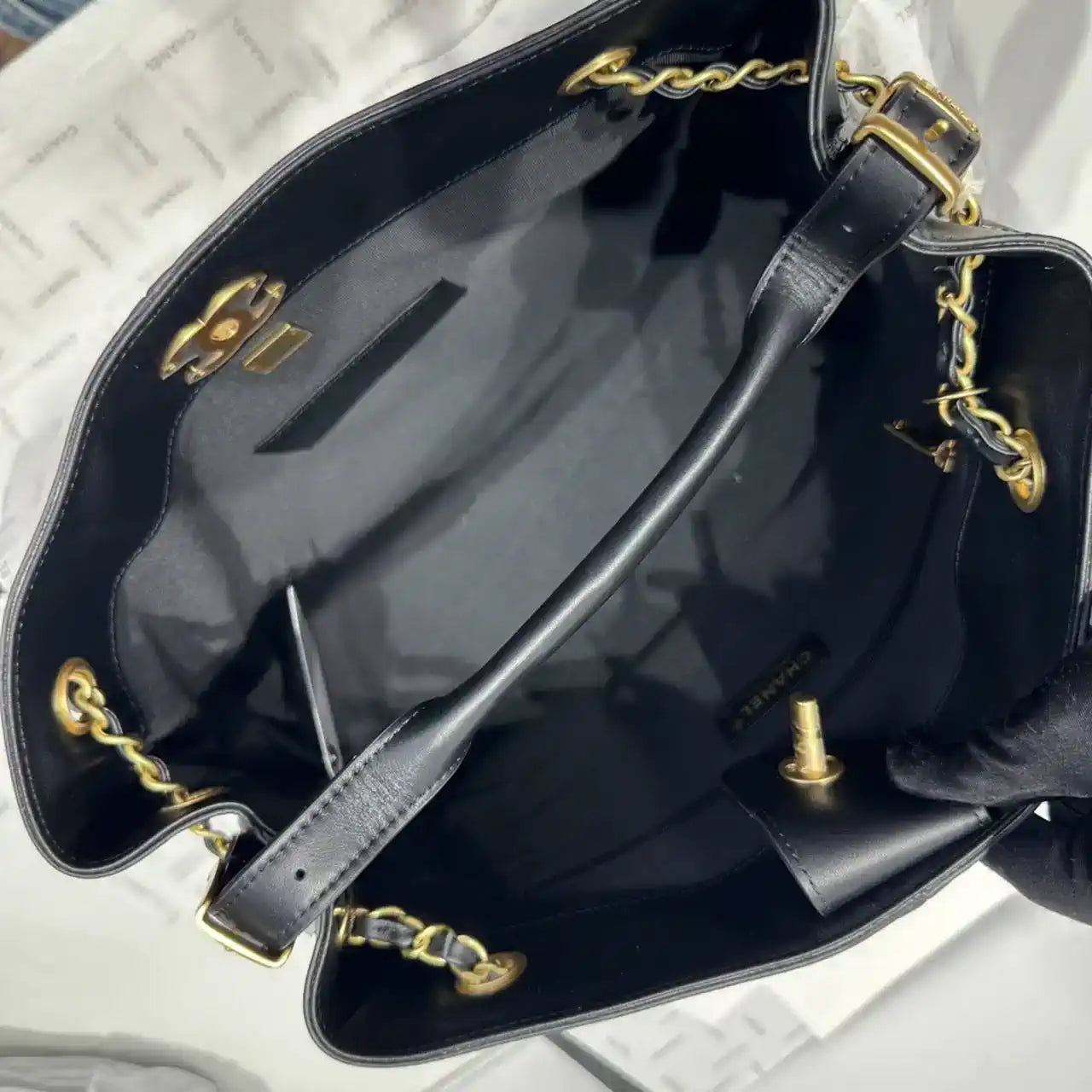 Chanel AS5634 Small Shopping Bag Suede Calfskin Shiny Lambskin Black
