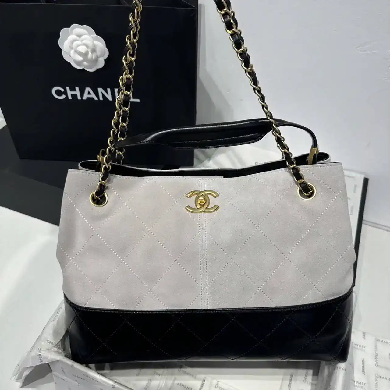 Chanel AS5634 Small Shopping Bag Suede Calfskin Shiny Lambskin Gray & Black