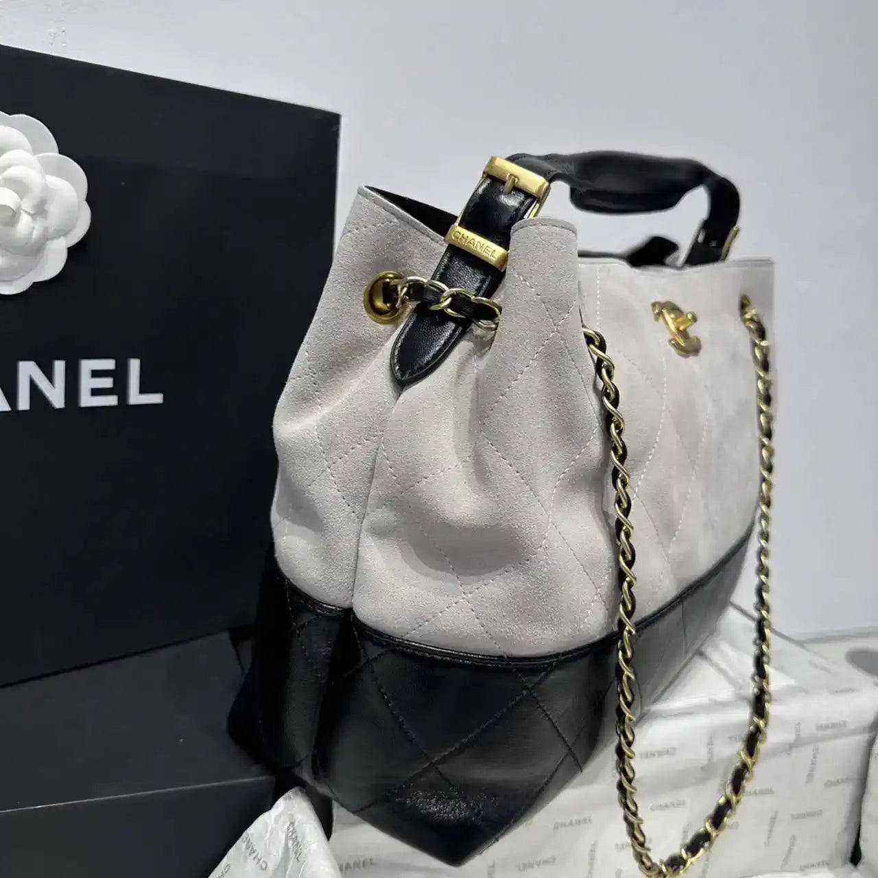 Chanel AS5634 Small Shopping Bag Suede Calfskin Shiny Lambskin Gray & Black