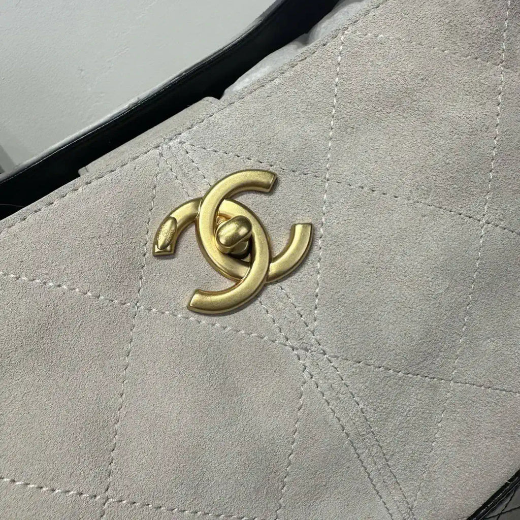 Chanel AS5634 Small Shopping Bag Suede Calfskin Shiny Lambskin Gray & Black