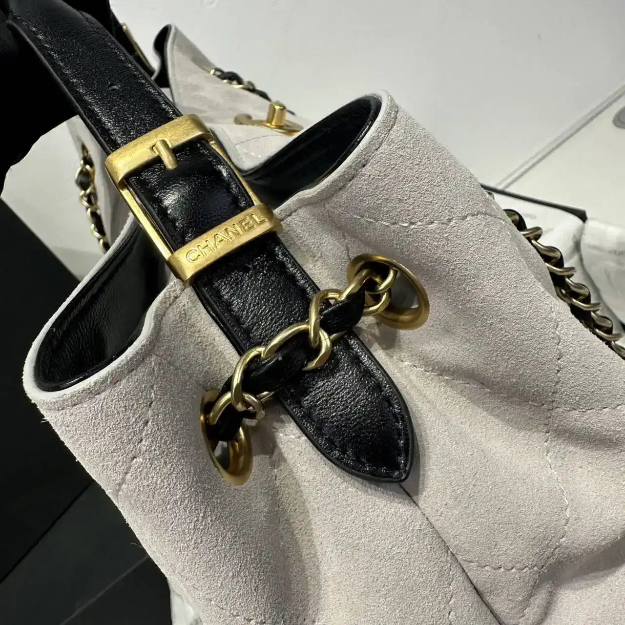 Chanel AS5634 Small Shopping Bag Suede Calfskin Shiny Lambskin Gray & Black