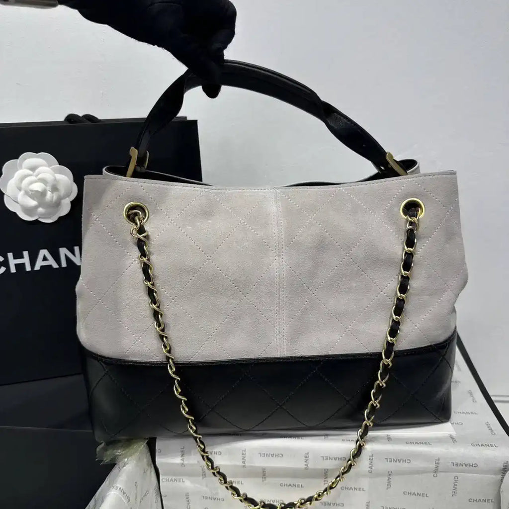 Chanel AS5634 Small Shopping Bag Suede Calfskin Shiny Lambskin Gray & Black