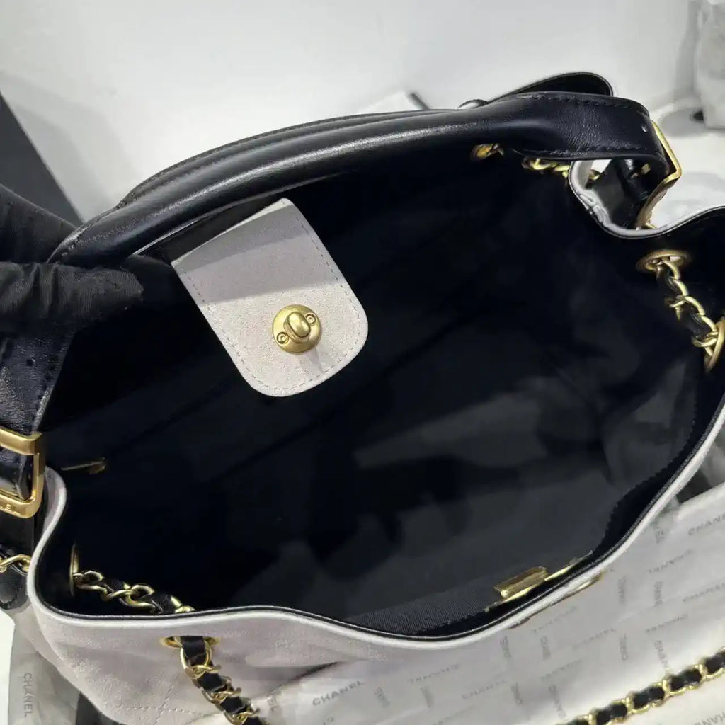 Chanel AS5634 Small Shopping Bag Suede Calfskin Shiny Lambskin Gray & Black