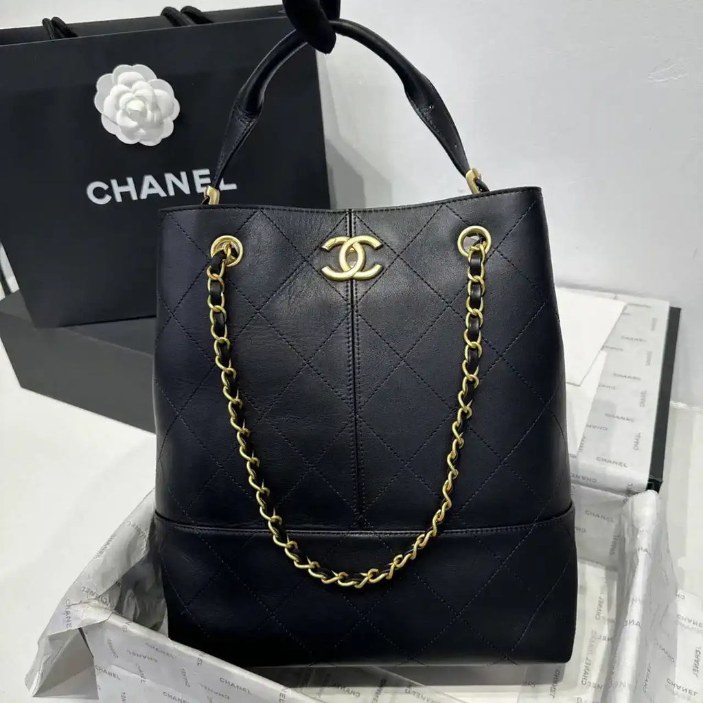 Chanel AS5636 Shopping Bag Suede Calfskin Shiny Lambskin Black