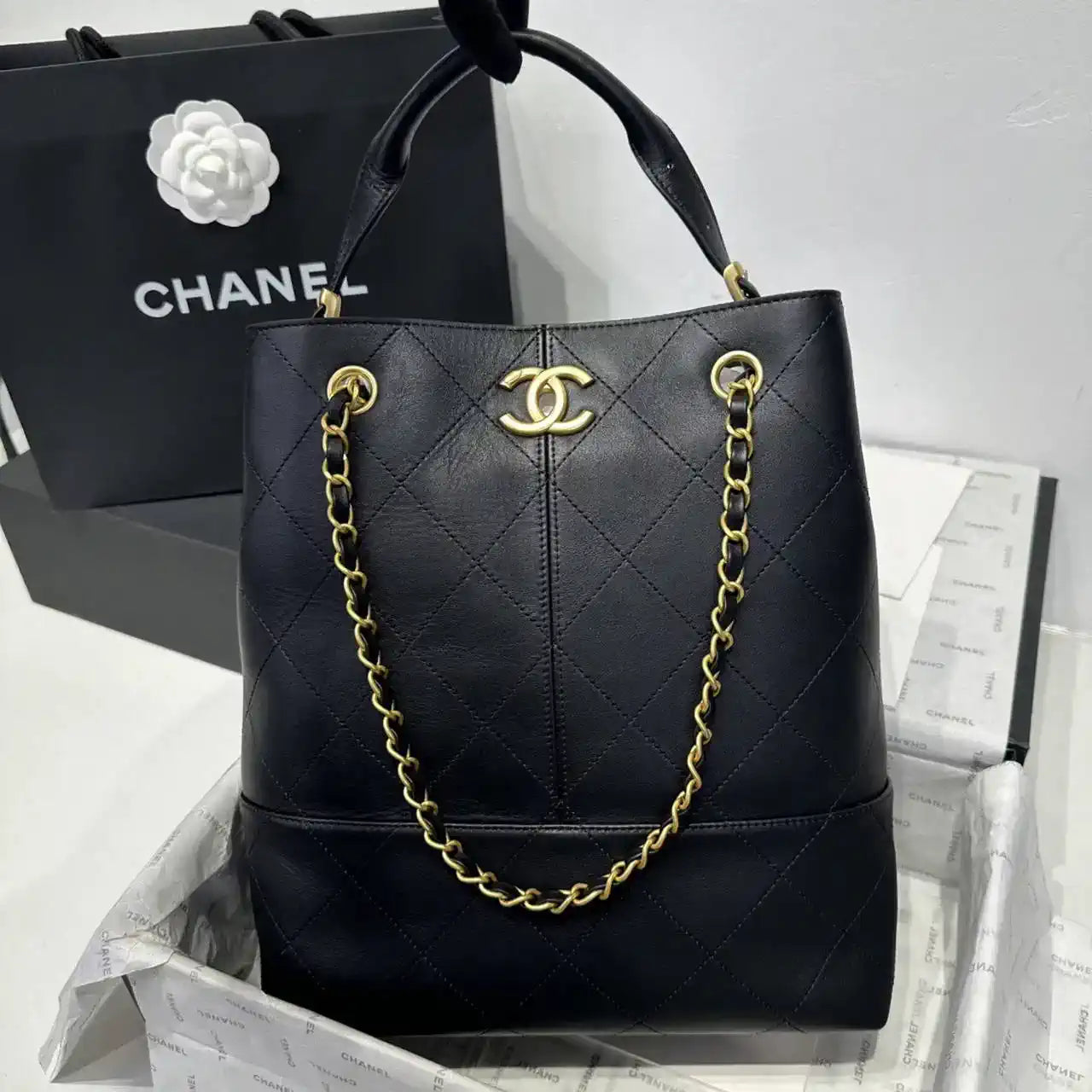 Chanel AS5636 Shopping Bag Suede Calfskin Shiny Lambskin Black