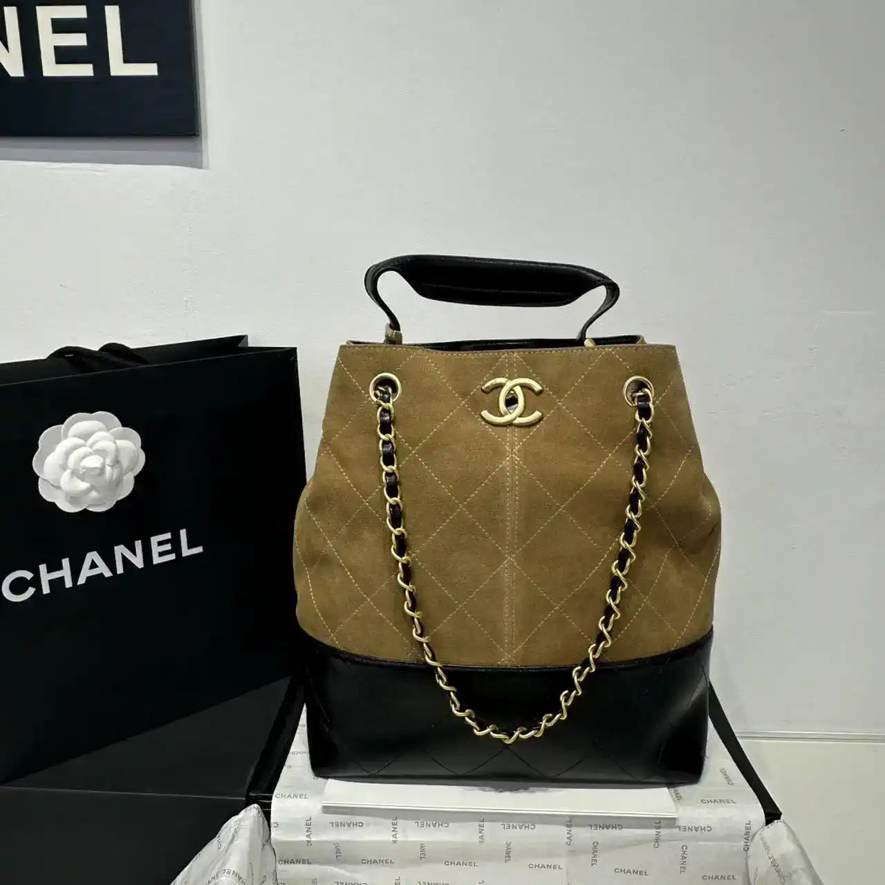Chanel AS5636 Shopping Bag Suede Calfskin Shiny Lambskin Black & Brown