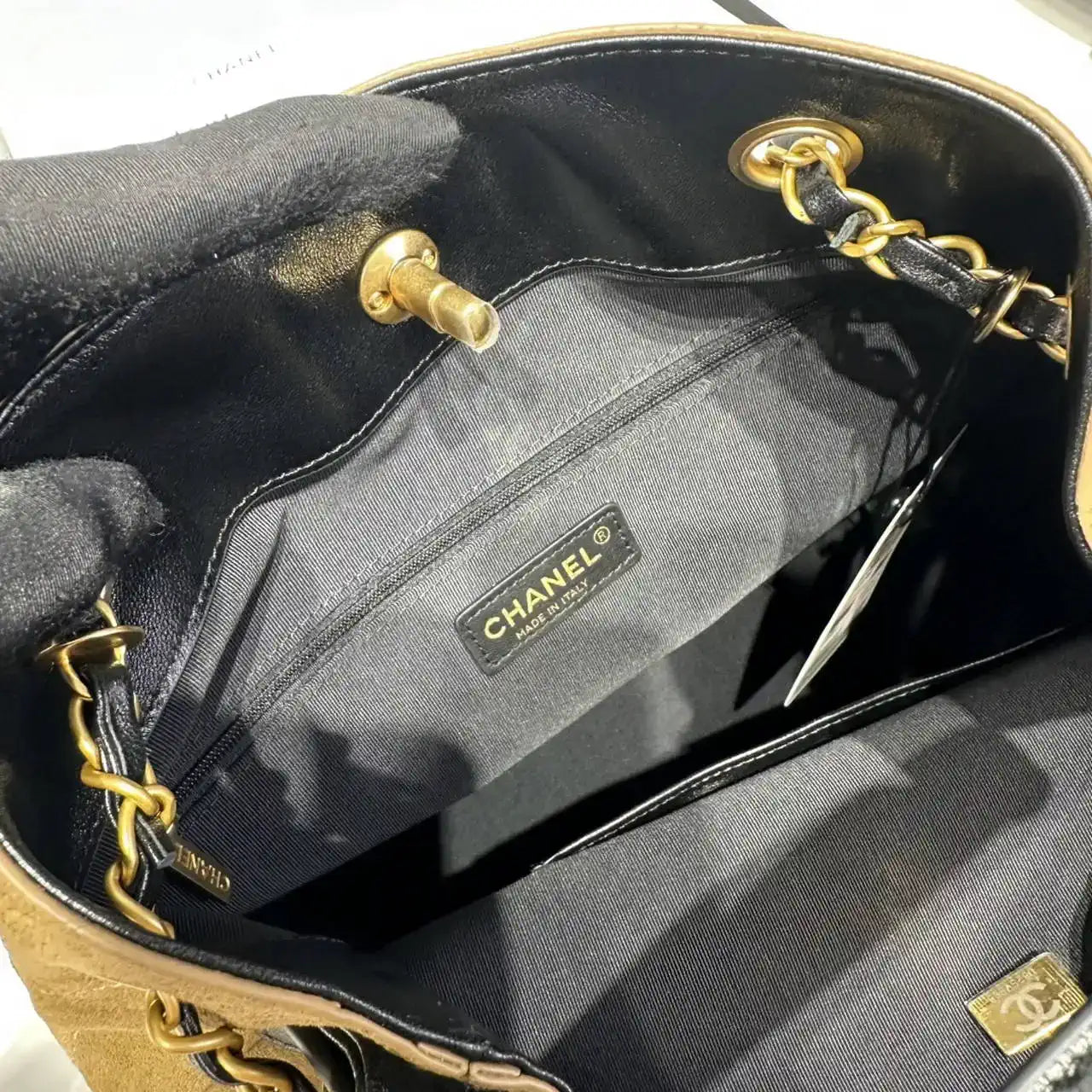 Chanel AS5636 Shopping Bag Suede Calfskin Shiny Lambskin Black & Brown
