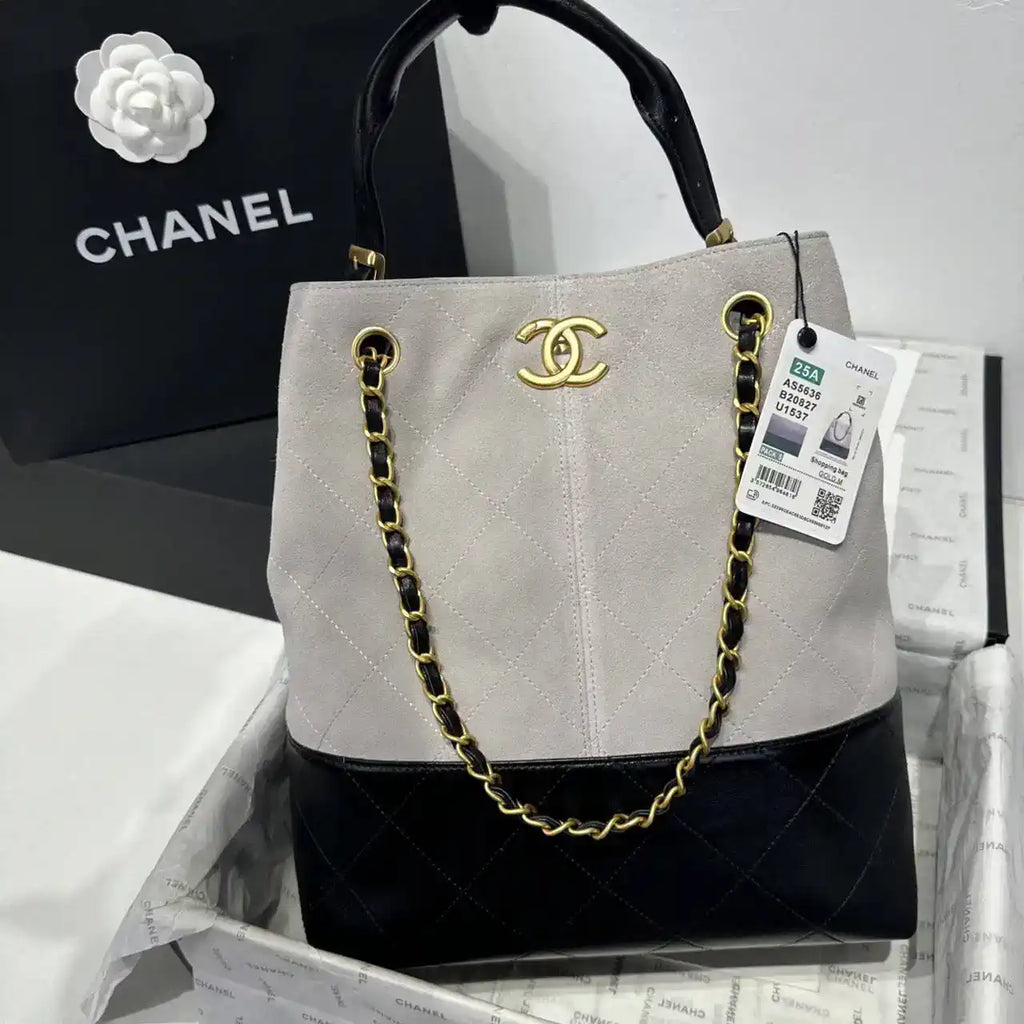 Chanel AS5636 Shopping Bag Suede Calfskin Shiny Lambskin Black & Gray