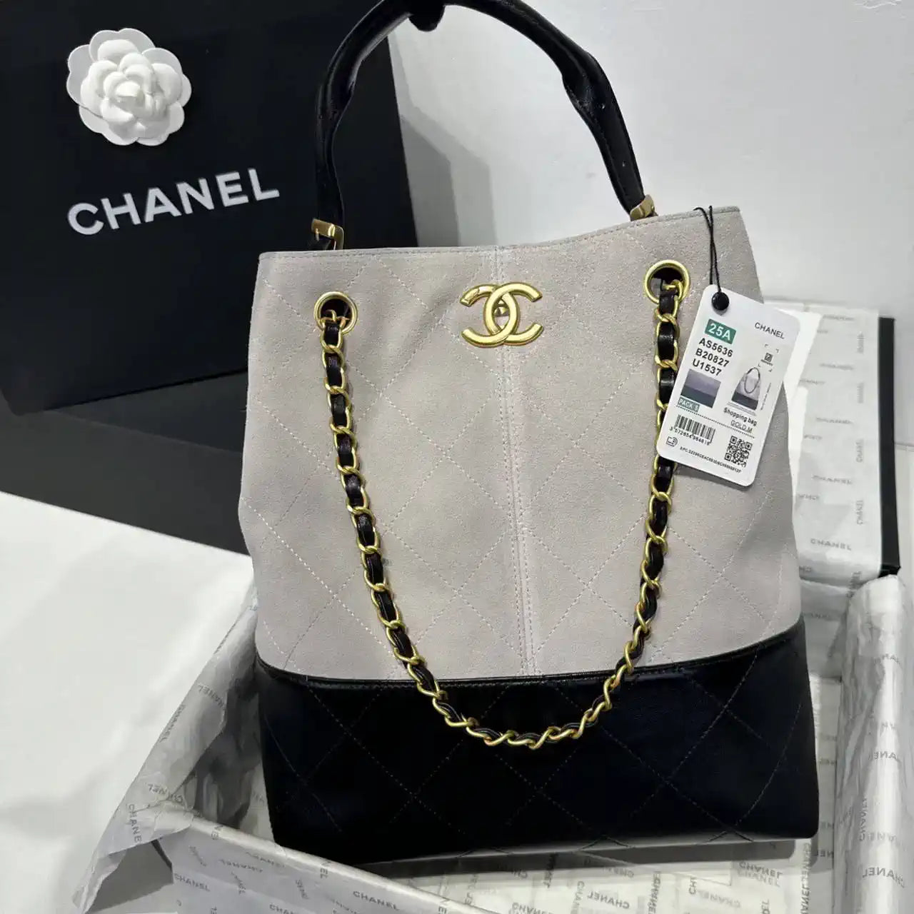 Chanel AS5636 Shopping Bag Suede Calfskin Shiny Lambskin Black & Gray