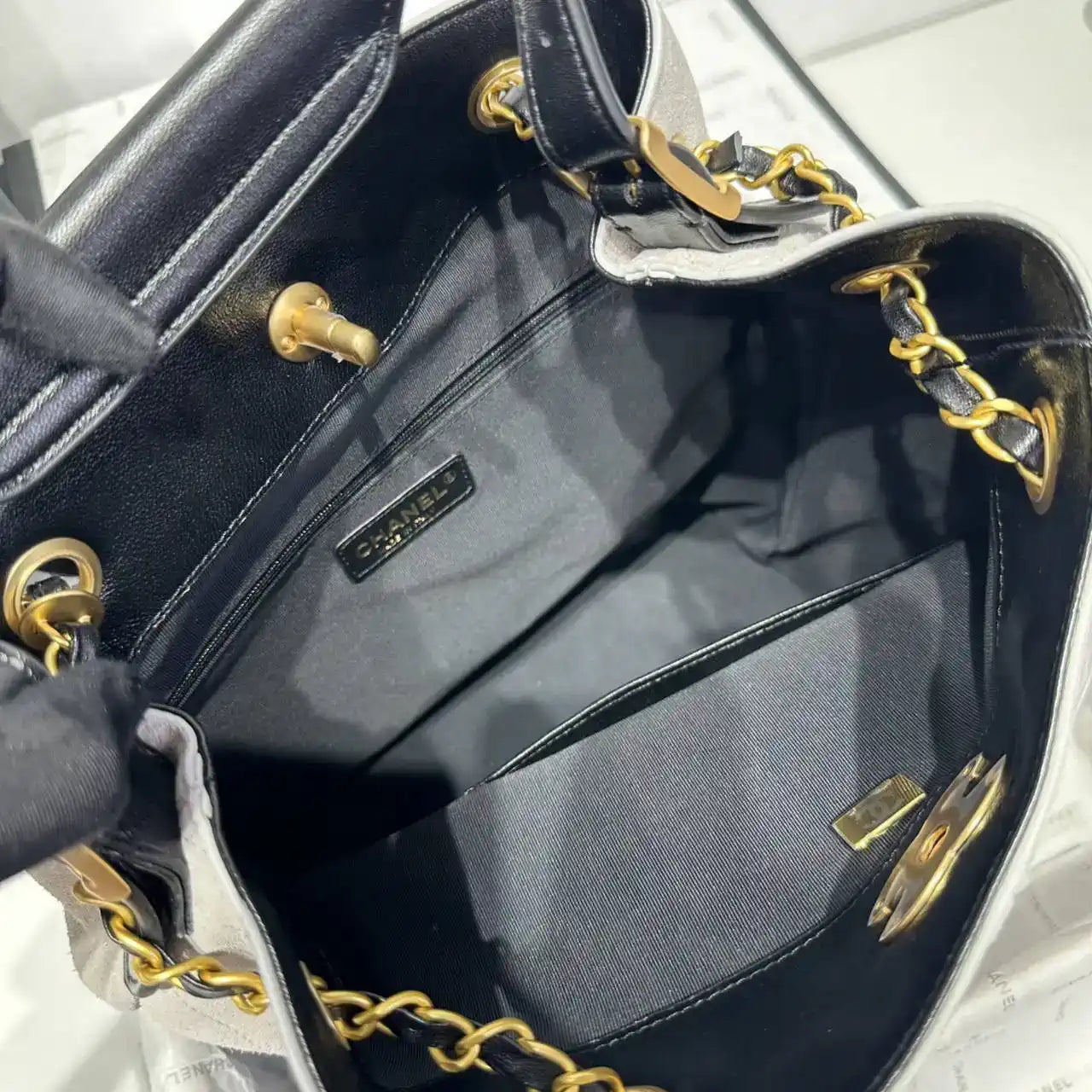 Chanel AS5636 Shopping Bag Suede Calfskin Shiny Lambskin Black & Gray