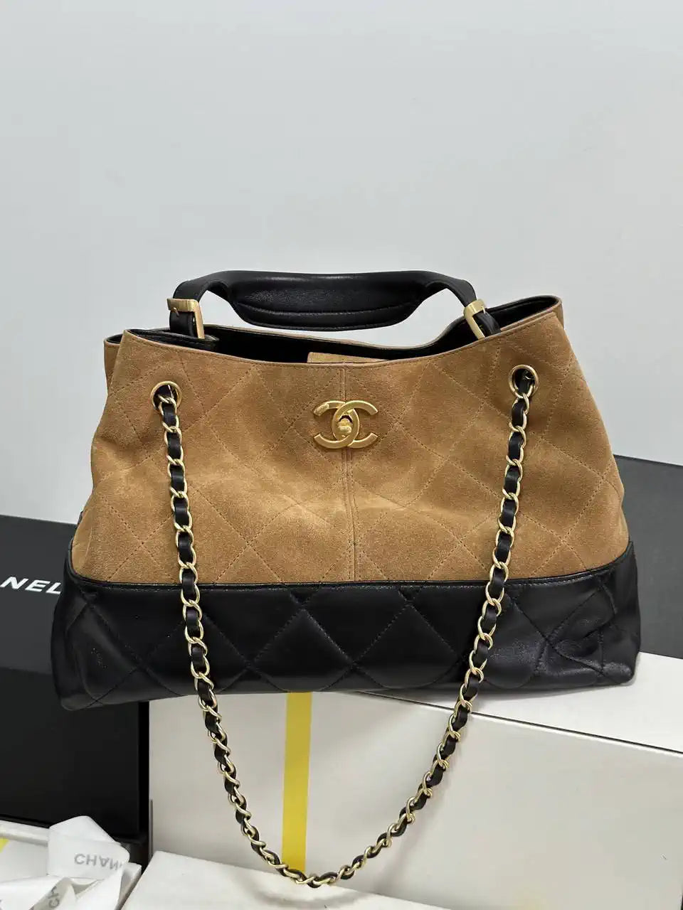 Chanel AS5657 Shopping Bag Suede Calfskin Shiny Lambskin Beige & Black