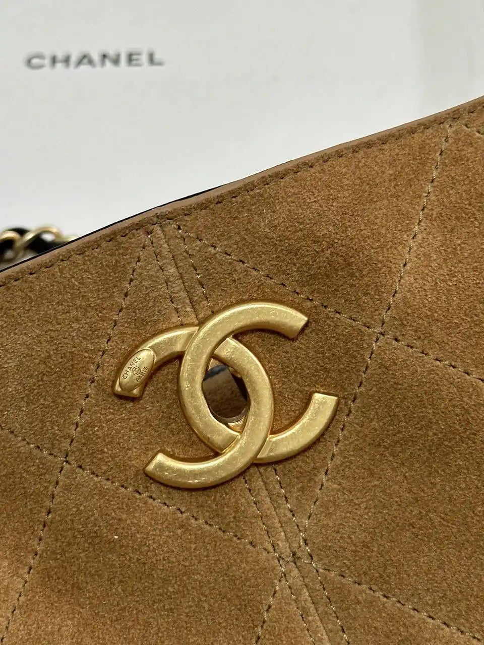 Chanel AS5657 Shopping Bag Suede Calfskin Shiny Lambskin Beige & Black