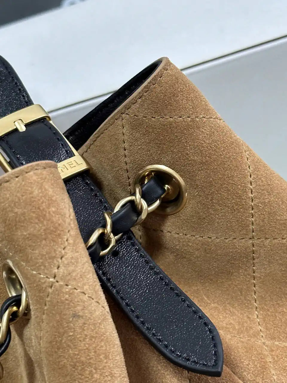 Chanel AS5657 Shopping Bag Suede Calfskin Shiny Lambskin Beige & Black