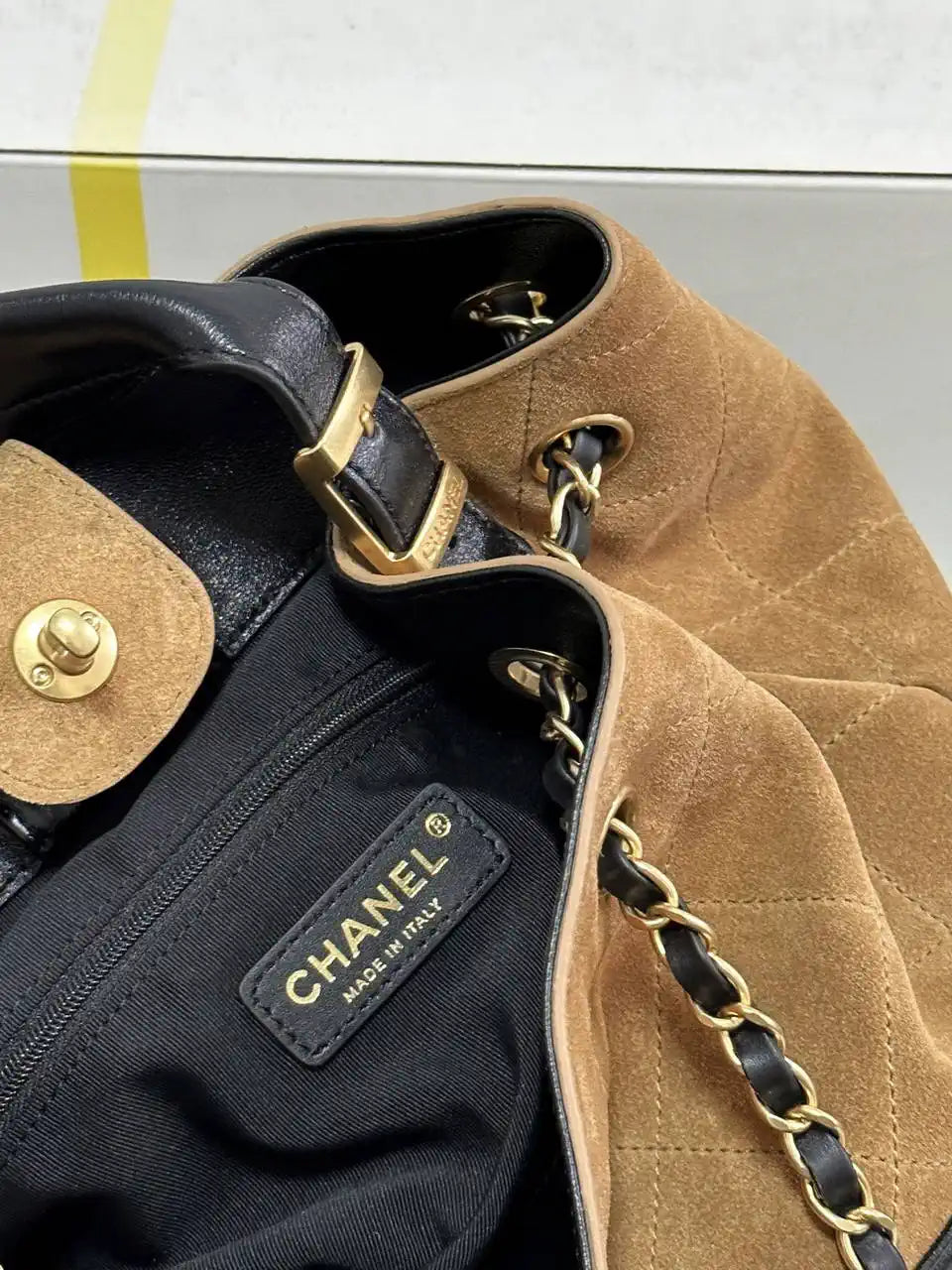 Chanel AS5657 Shopping Bag Suede Calfskin Shiny Lambskin Beige & Black