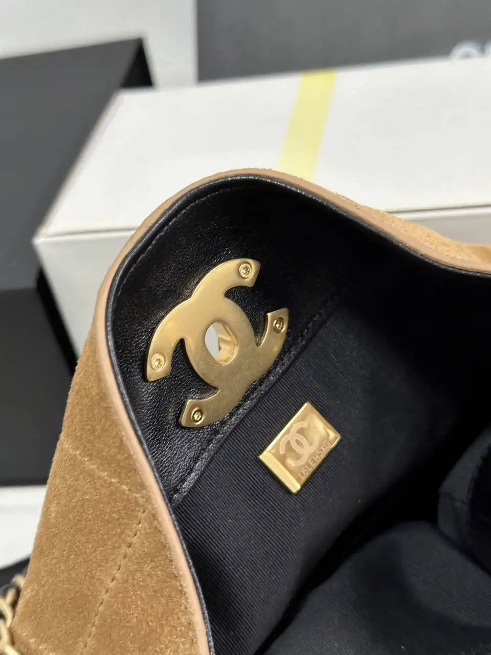 Chanel AS5657 Shopping Bag Suede Calfskin Shiny Lambskin Beige & Black