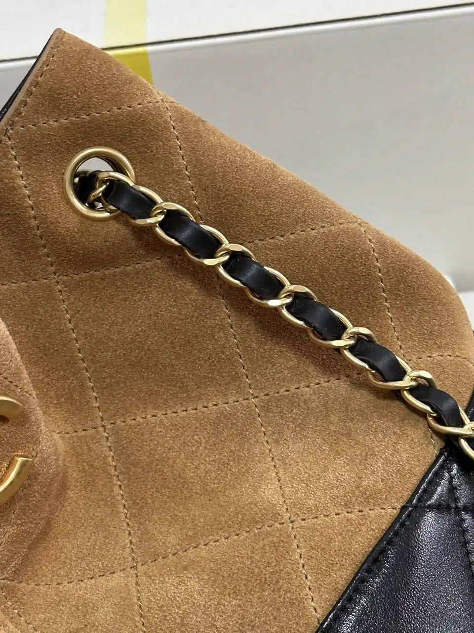 Chanel AS5657 Shopping Bag Suede Calfskin Shiny Lambskin Beige & Black