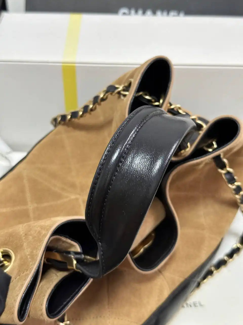Chanel AS5657 Shopping Bag Suede Calfskin Shiny Lambskin Beige & Black
