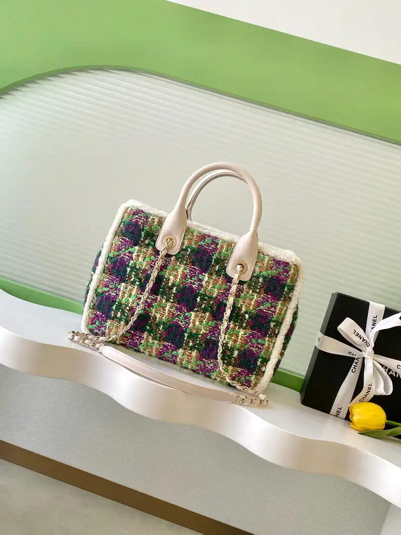 Chanel AS5688 25N Small Tote Tweed  Shearling Lambskin Purple & Green