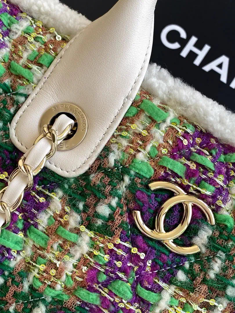 Chanel AS5688 25N Small Tote Tweed  Shearling Lambskin Purple & Green