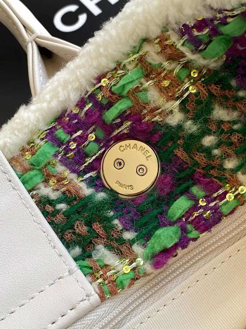 Chanel AS5688 25N Small Tote Tweed  Shearling Lambskin Purple & Green