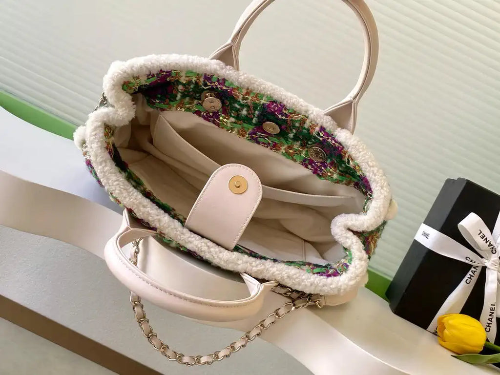 Chanel AS5688 25N Small Tote Tweed  Shearling Lambskin Purple & Green