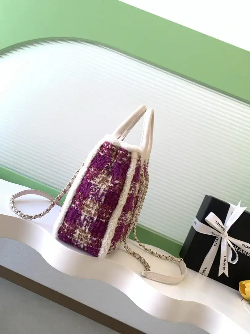 Chanel AS5688 25N Small Tote Tweed  Shearling Lambskin Purple & Brown