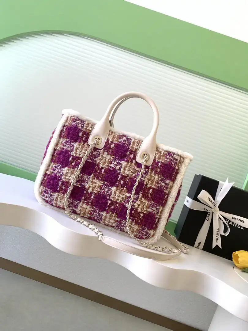 Chanel AS5688 25N Small Tote Tweed  Shearling Lambskin Purple & Brown