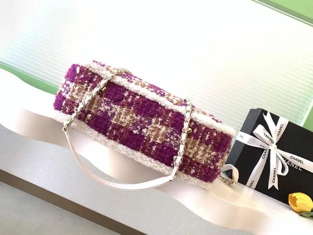 Chanel AS5688 25N Small Tote Tweed  Shearling Lambskin Purple & Brown