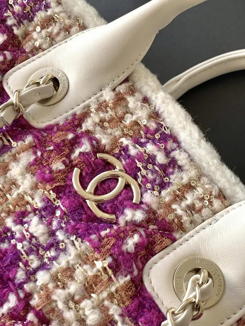Chanel AS5688 25N Small Tote Tweed  Shearling Lambskin Purple & Brown