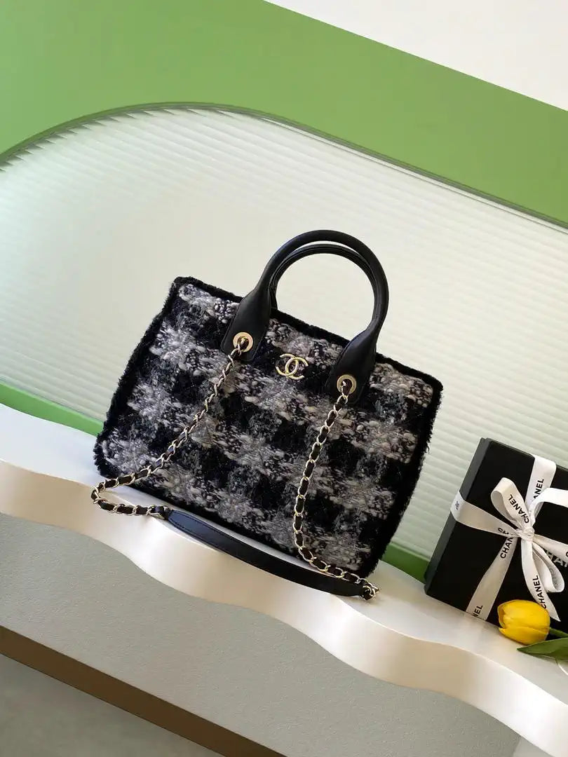 Chanel AS5688 25N Small Tote Tweed  Shearling Lambskin Black & Grey