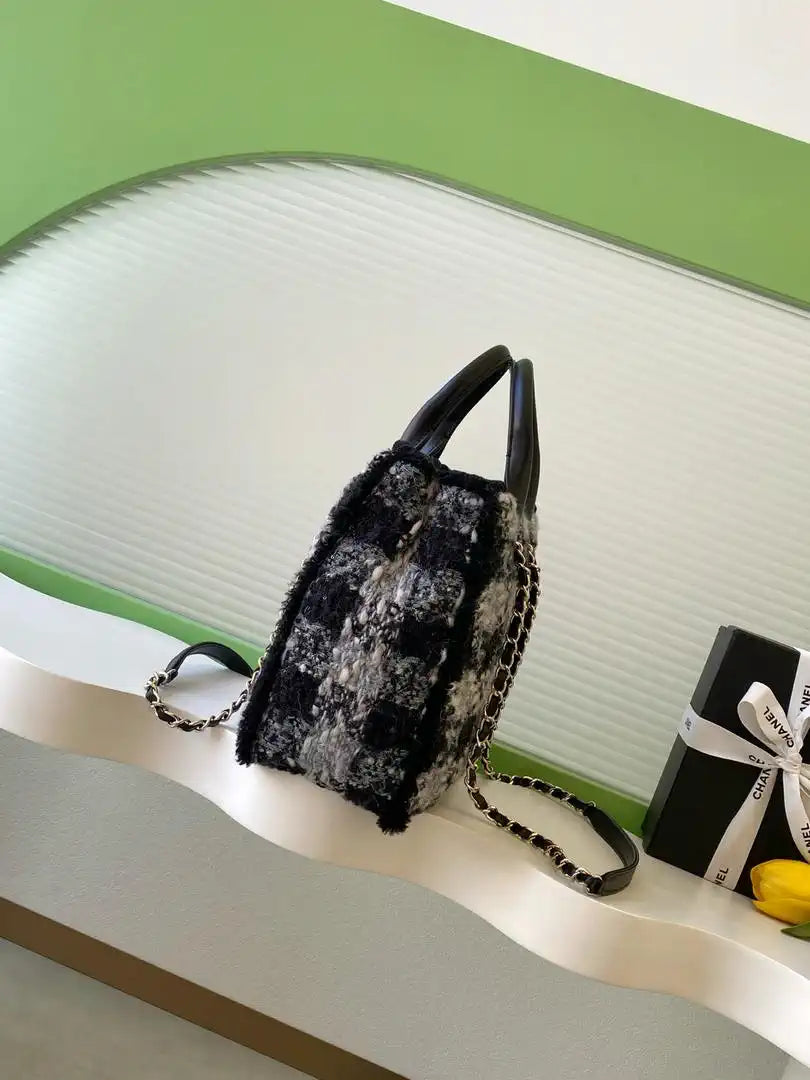 Chanel AS5688 25N Small Tote Tweed  Shearling Lambskin Black & Grey