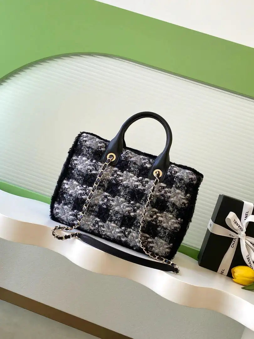 Chanel AS5688 25N Small Tote Tweed  Shearling Lambskin Black & Grey
