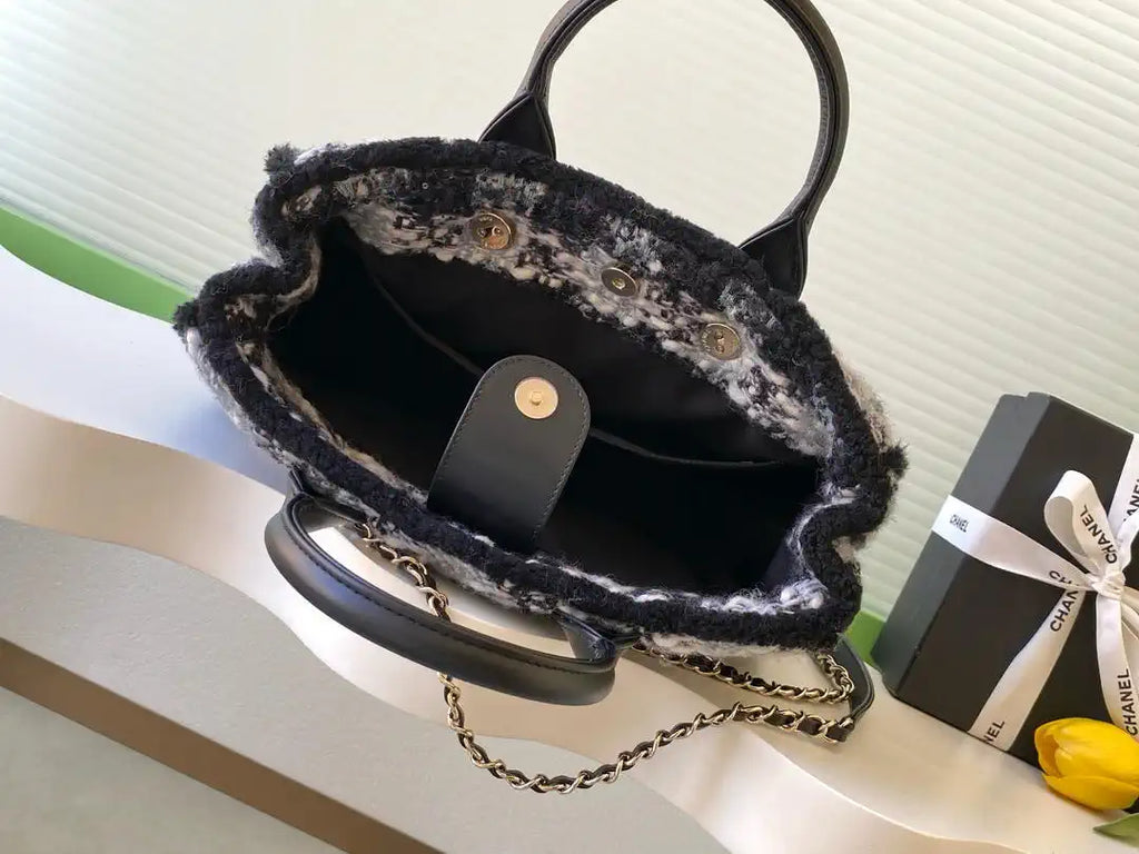 Chanel AS5688 25N Small Tote Tweed  Shearling Lambskin Black & Grey