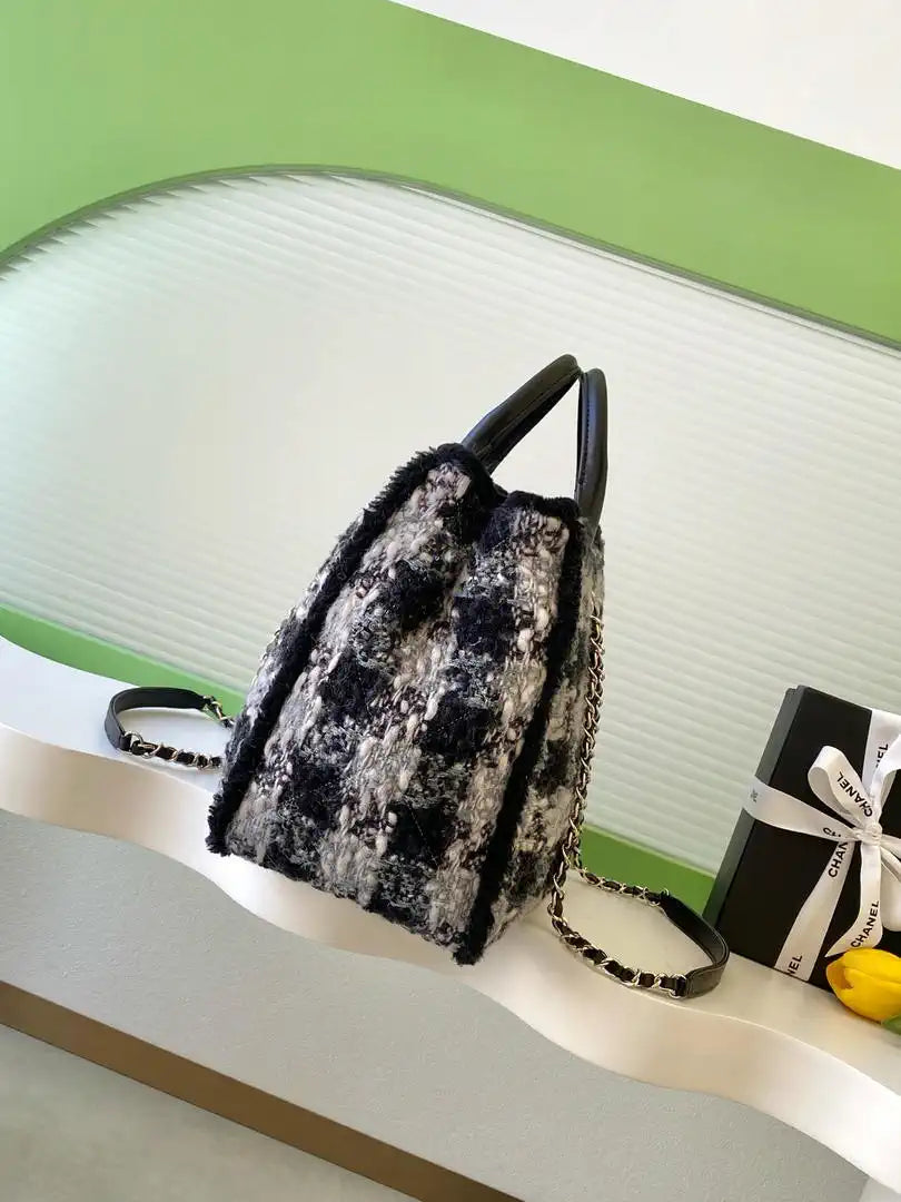 Chanel AS5689 Tweed Shearling Lambskin Black& Grey