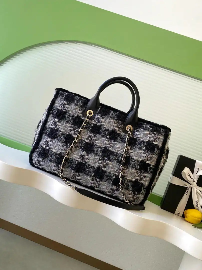 Chanel AS5689 Tweed Shearling Lambskin Black& Grey