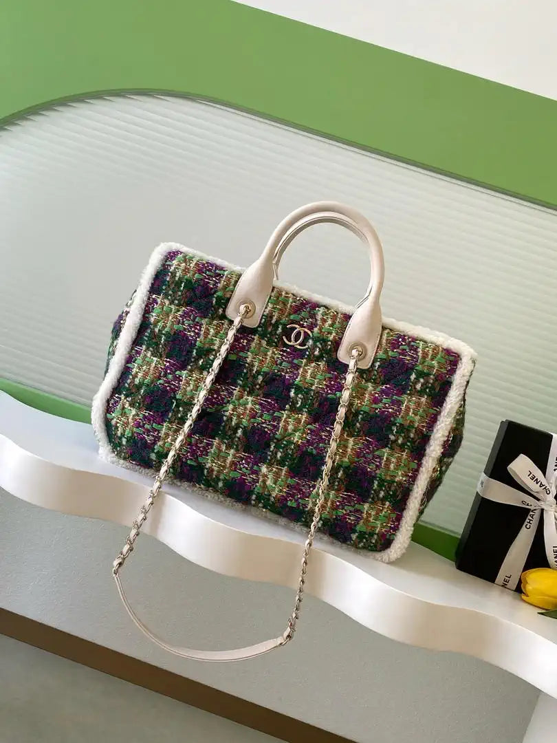 Chanel AS5689 25N Tweed Shearling Lambskin Green & Purple