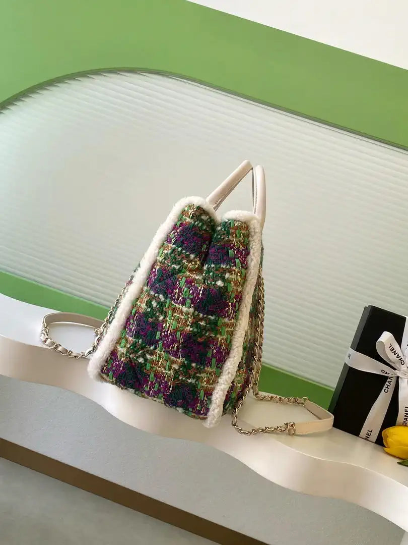 Chanel AS5689 25N Tweed Shearling Lambskin Green & Purple