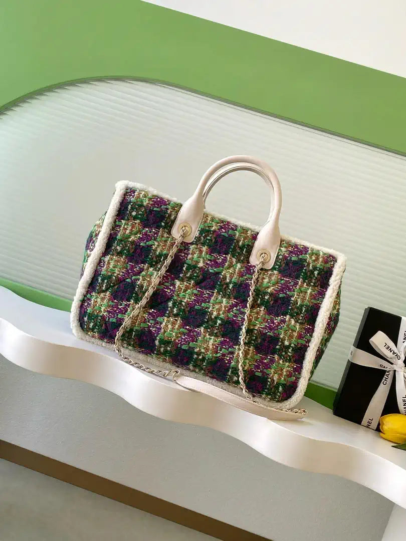 Chanel AS5689 25N Tweed Shearling Lambskin Green & Purple