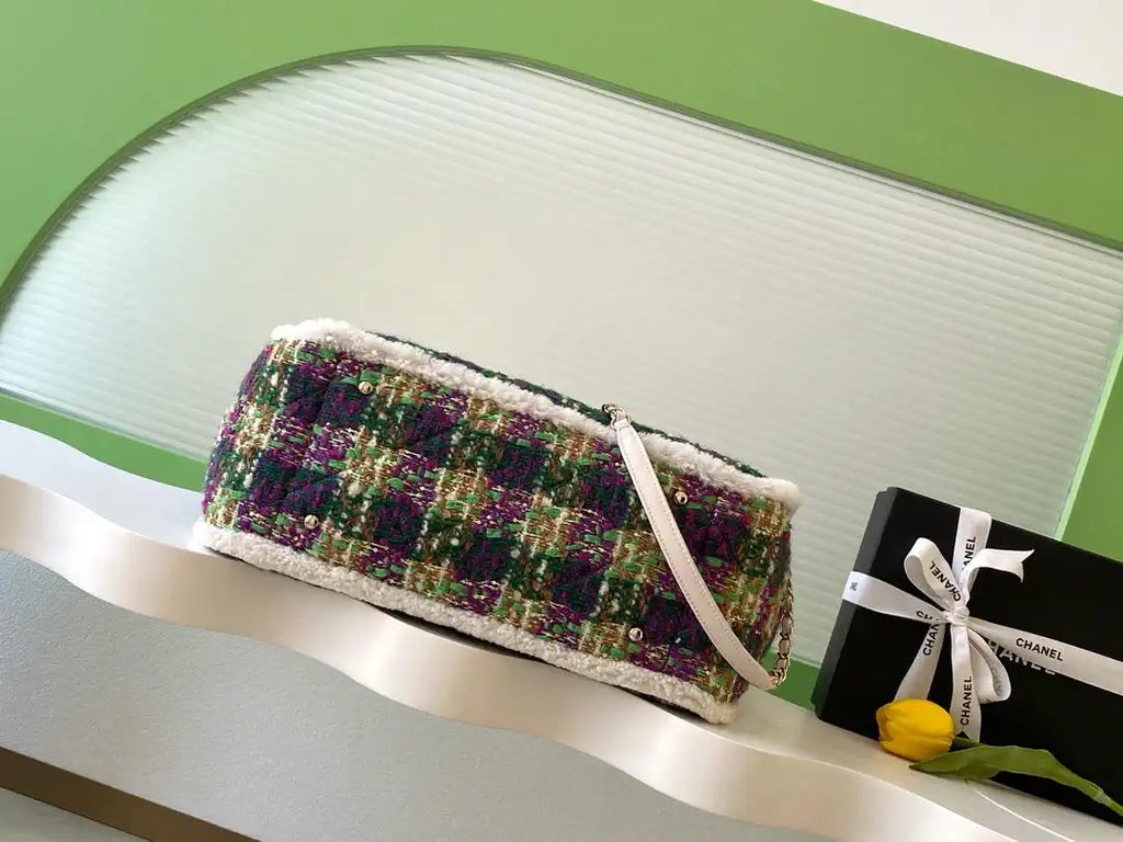 Chanel AS5689 25N Tweed Shearling Lambskin Green & Purple