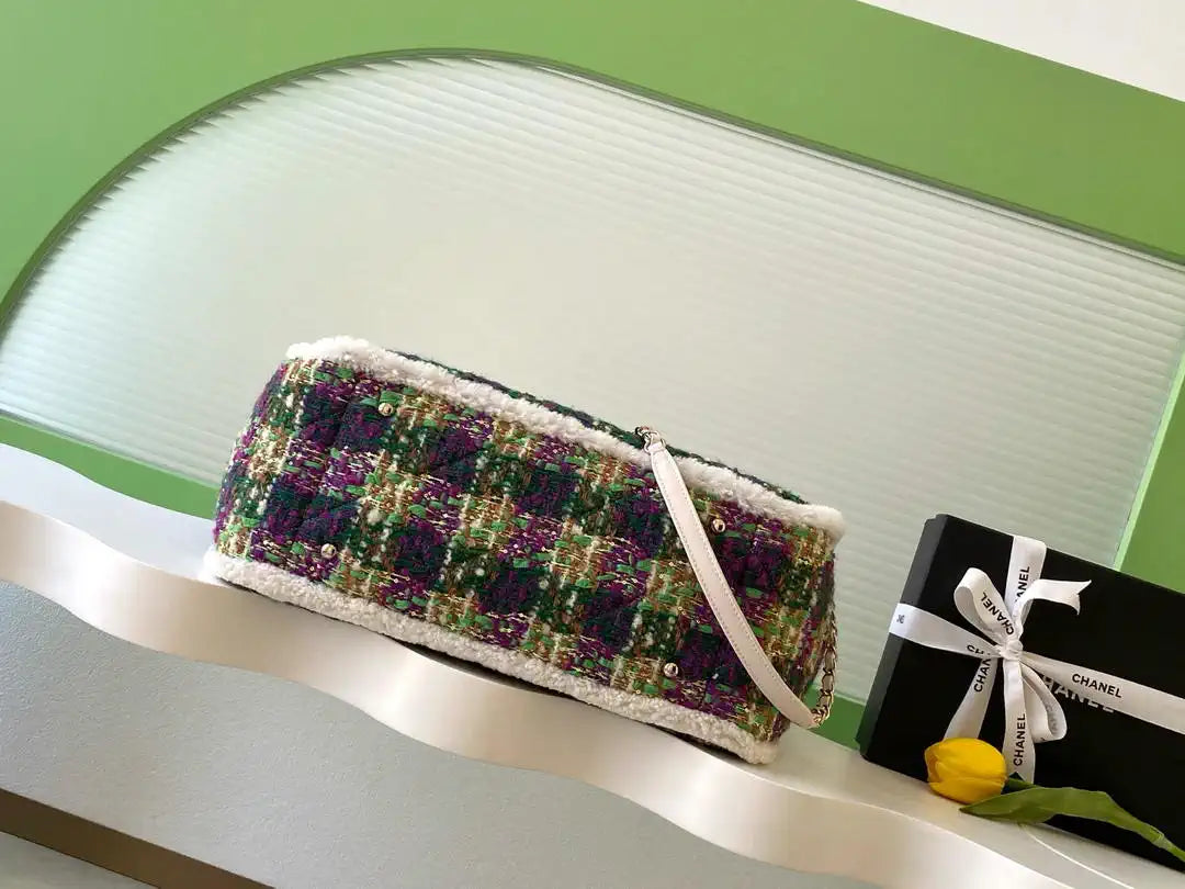 Chanel AS5689 25N Tweed Shearling Lambskin Green & Purple